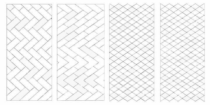 Four vertical panels displaying varied herringbone tiling patterns in monochrome