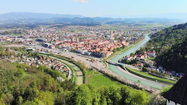 Aerial cityscape of Celje with Savinja River