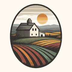 Farm scene with barn and fields under sunset sky in a circular emblem