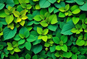 Vibrant green leaves in diverse shapes and textures forming a natural collage, garden, nature