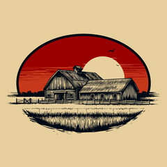 Rustic barn illustration set against a sunset sky with fields and fence