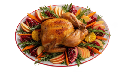 A beautifully roasted golden chicken platter adorned with fresh fruits and herbs for a festive meal