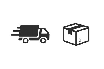 Fast delivery truck and package box icons representing global shipping logistics and commerce service