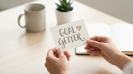 Inspiring goal getter action home office motivational card minimalistic environment close-up viewpoint personal development concept for success empowerment