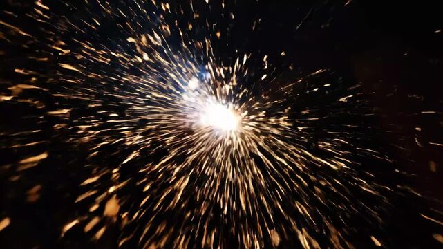 Intense Welding Sparks - This video shows a close-up of a welding process, highlighting the bright light and shower of orange and yellow sparks flying in every direction.