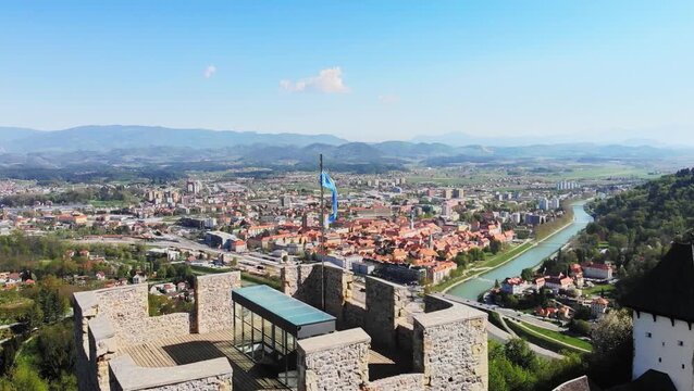 Aerial view of Celje city and castle walls