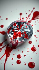 Glistening diamond splattered with crimson paint, symbolizing blood diamonds ,  illicit,  crime
