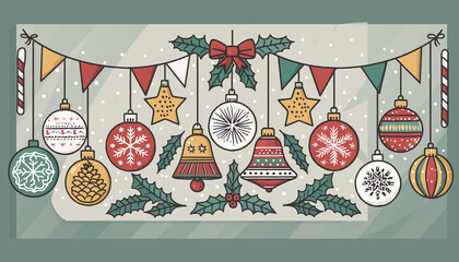 Christmas decorations with ornaments and holly on a festive background.