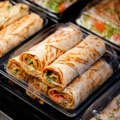 Photography of Indian Kathi rolls in plastic blisters in a supermarket.