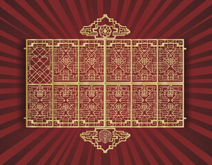 Ornate golden frame with intricate designs on red background.