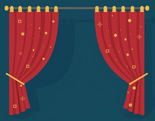 Red curtains with golden decorations tied back on a rod.