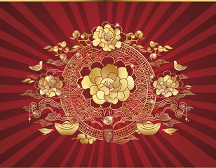 Intricate golden floral mandala on red background with sunburst rays.