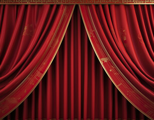 Luxurious red curtains with gold trim and ornate details.