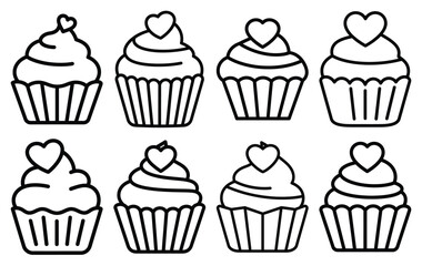 valentine cupcake simple line icon set. Simple outline collection for valentines day. Editable stroke vector illustration black outline shape on transparent background.