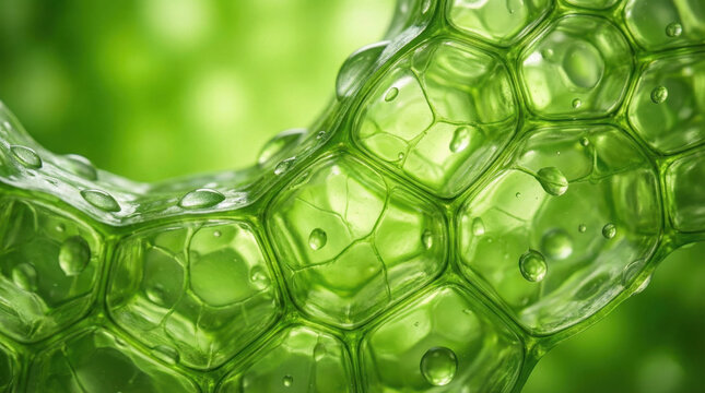 Microscopic view of green plant cells with water droplets and hexagonal structure for biology or nature concept