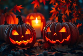 Spooky carved pumpkins, glowing candlelight, autumn leaves, halloween, nature