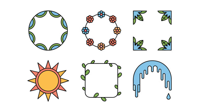 Seasonal frames set, spring leaves, summer sunburst, autumn berries, winter icicles, four seasons labels, holiday event posters, festive invitation graphics