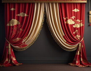Luxurious red and gold curtains with ornate designs and tassels.