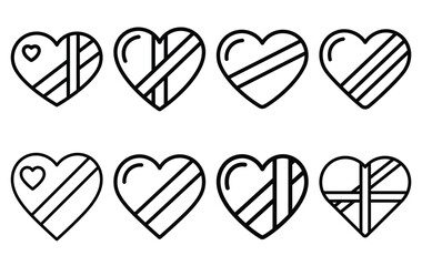 valentine heart gift line icon set. Simple outline collection for valentines day. Editable stroke vector illustration black outline shape on transparent background.