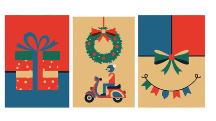 Christmas delivery cards set with gift and scooter