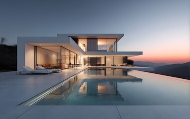 Ultra-Modern Minimalist House Featuring Sharp Architectural Lines and Floor-to-Ceiling Glass,  swimming pool at sunset