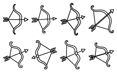 cupid arrow bow line icon set. Simple outline collection for valentines day. Editable stroke vector illustration black outline shape on transparent background.