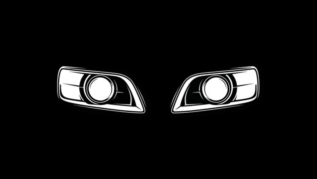 Stylized vector graphic showcasing two symmetrical, illuminated headlight designs, rendered in contrasting white lines against a black backdrop