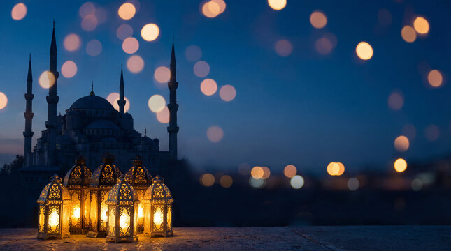 Ramadan lanterns glow near mosque. Lantern light frames mosque silhouette for Ramadan, Eid greeting, baraat night, bokeh city lights, lantern glow, copy space, islamic celebration concept, night sky
