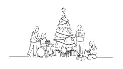 Christmas tree with family one line drawing