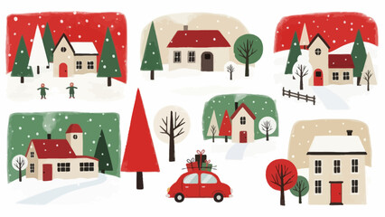 Christmas village illustration, winter holiday season