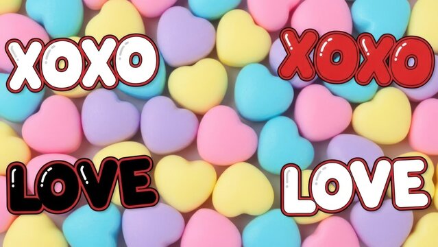 A colorful background of pastel-colored hearts with the words 'XOXO' and 'LOVE' repeated in various colors and sizes.