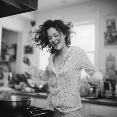 Joyful Morning Scene of a Woman Dancing Casually in Pajamas While Preparing Food at Home, young woman in the kitchen