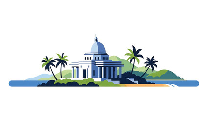 Obraz premium Stylized illustration depicts a building with a domed roof and pillars on an island with palm trees, hills, and a beach. The image is a vector-style graphic