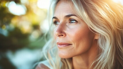 Naklejka premium Pensive Woman Gazing into the Distance - Serene Portrait of a Mature Woman Contemplating Nature and the Future.
