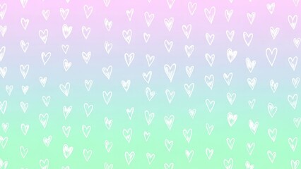 A pink and green gradient background with white heart shapes scattered across it.