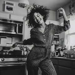 Happy Woman Dancing in Her Kitchen While Cooking in Pajamas, Candid Everyday Lifestyle, young woman in the kitchen