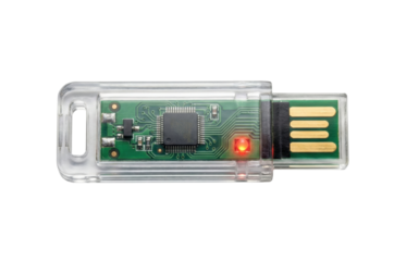 Transparent USB flash drive showing internal circuit board. Data storage device.