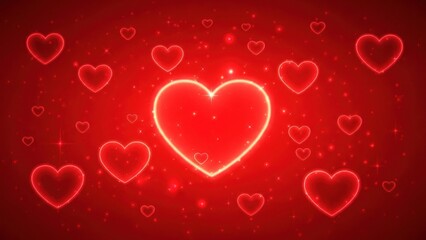 A vibrant red heart with a glowing outline against a dark red background, surrounded by smaller hearts and glowing particles.