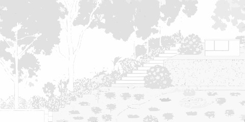 A sketch of a garden with stairs leading up a grassy hillside