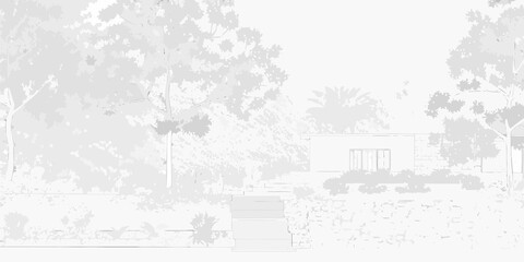 A simple modern house surrounded by lush greenery and a quiet landscape