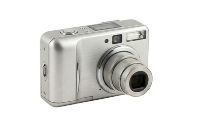 Silver compact digital camera with lens extended. Photography equipment.