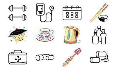 Versatile Lifestyle Icon Set Featuring Fitness Dumbbells, Blood Pressure Monitor, Calendar, Kitchen Utensils, Electric Kettle, First Aid Kit, and Decorative Tableware Collage