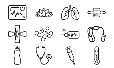 Versatile Lifestyle Icon Set Featuring Fitness Dumbbells, Blood Pressure Monitor, Calendar, Kitchen Utensils, Electric Kettle, First Aid Kit, and Decorative Tableware Collage