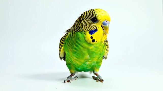 Colorful Budgerigar on White Background - A vibrant green and yellow budgerigar stands facing forward on a white background. The small parrot is brightly colored with black spots and blue markings.