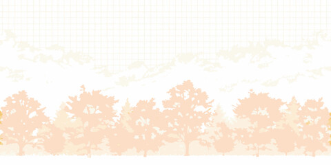 Pale peach forest silhouette against a subtle grid background texture