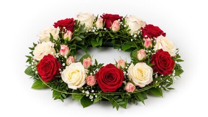 A floral arrangement of red and white roses in a circular wreath on a white background.