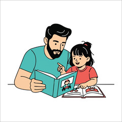 Father and daughter reading a book together on white background Keywords: father, daughter