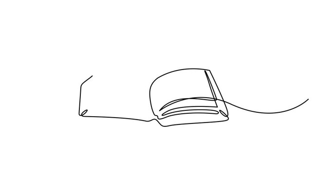 Animated continuous self drawing single one line drawing of an open book, minimalist vector animation for education learning concept