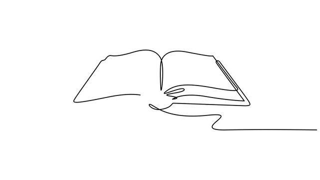 Animated continuous self drawing single one line drawing of an open book, minimalist vector animation for education learning concept