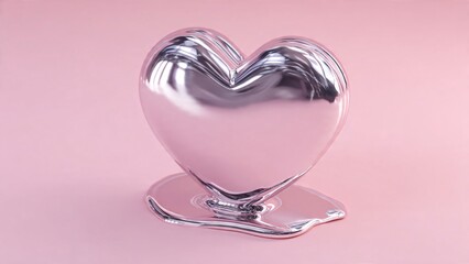 3D Liquid Silver Chrome Heart on Pastel Pink | Y2K Aesthetic Melting Metal Art | Modern Abstract Love Background